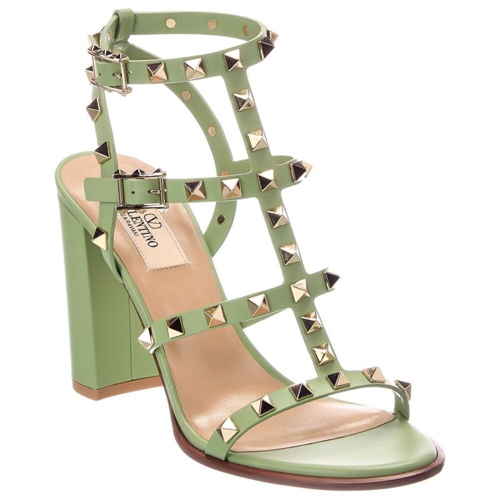 Valentino Rockstud Caged 90 Leather Sandal, Green